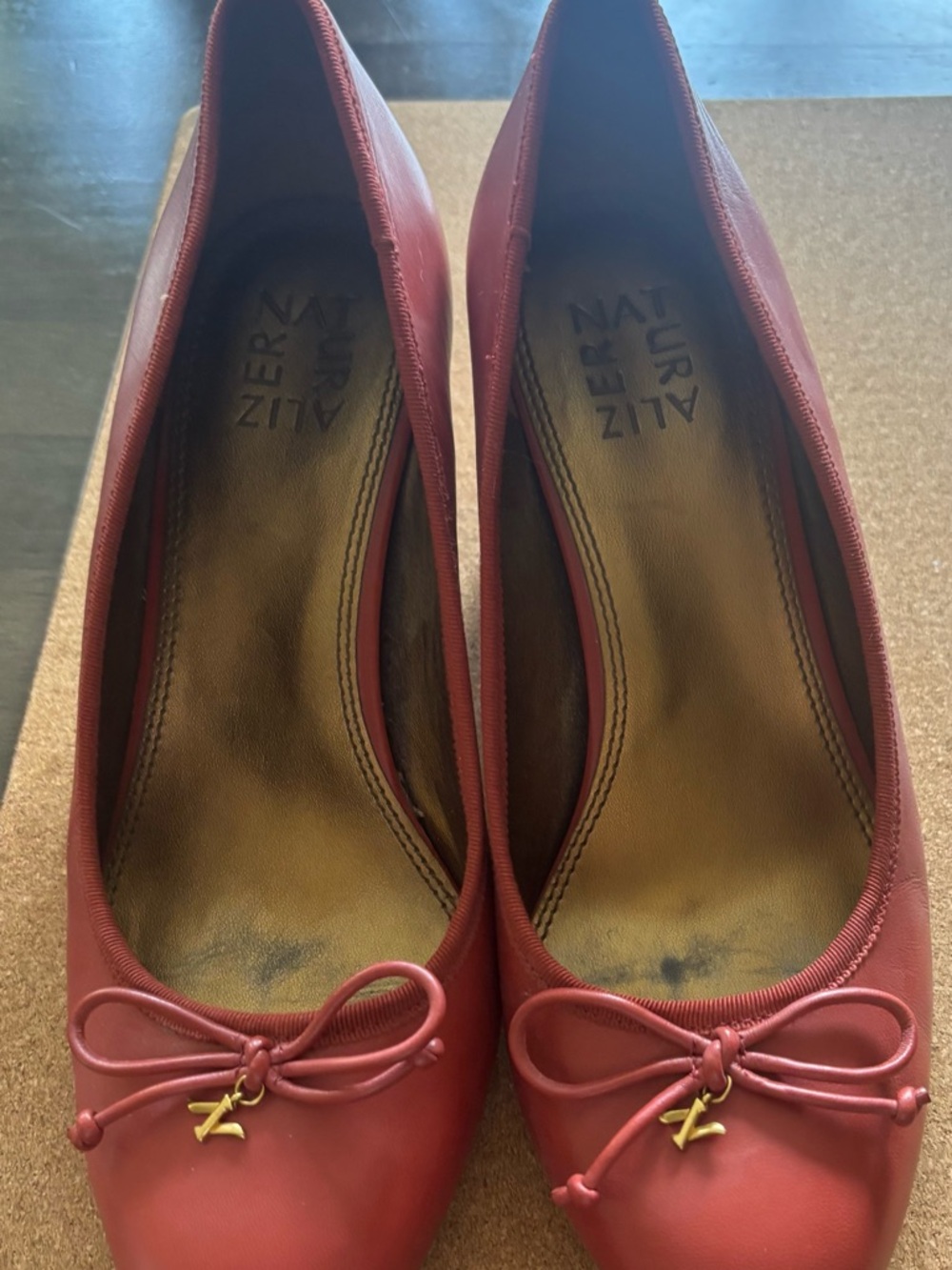 Naturalizer Red Leather Ballet 2 3/4 “ heels with Bow Charm. Size 8 1/2 wide